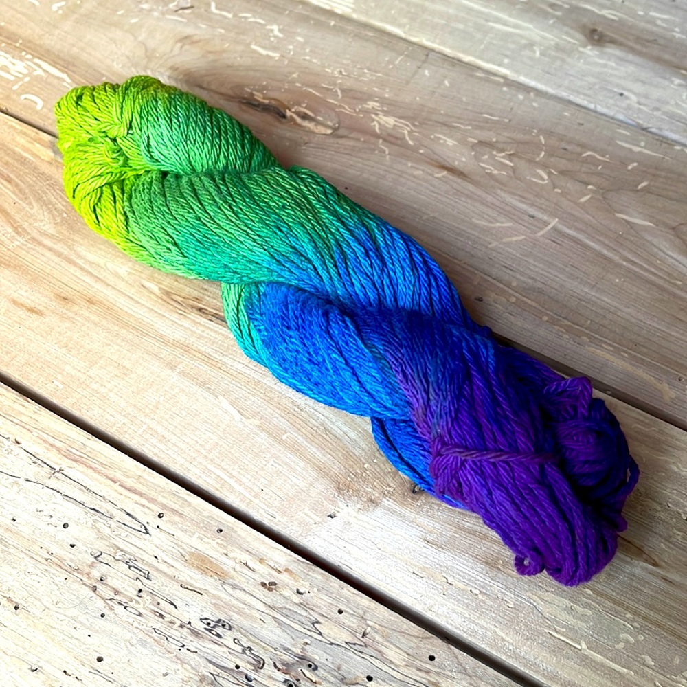 yellow-green-blue-purple colour-way, hand-dyed 4ply crochet cotton 50g skein